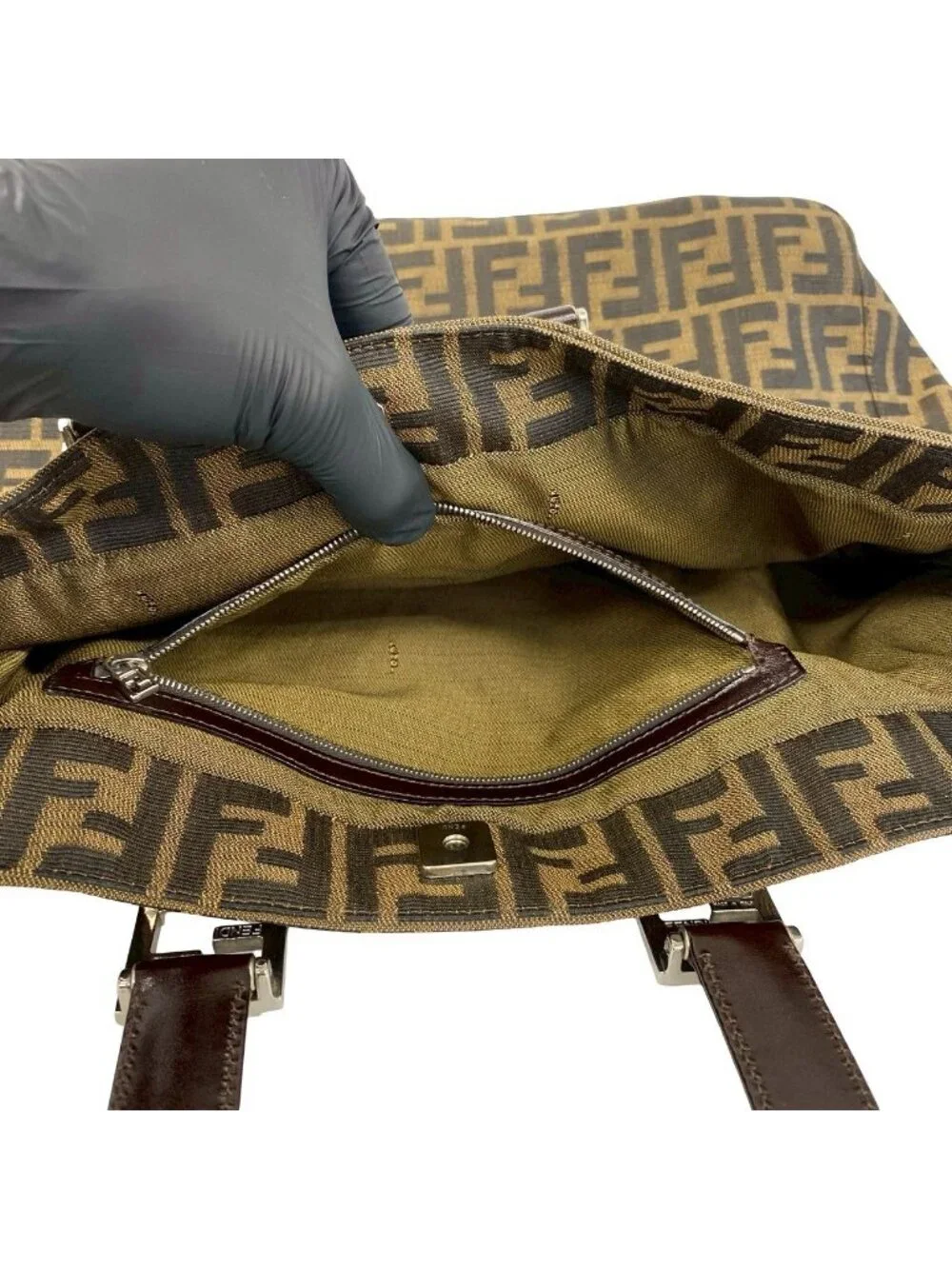 Fendi Zucca FF Pattern Canvas Leather Tote Business Brown